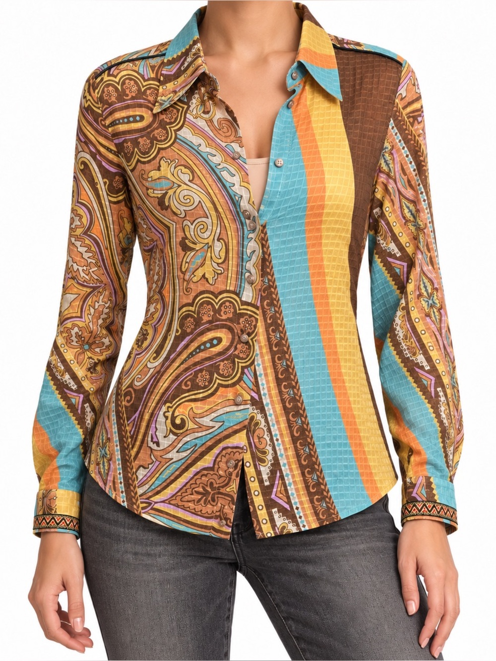 Farm Rio Brown Multicolor Paisley Cotton Silk Button Down Blouse Medium